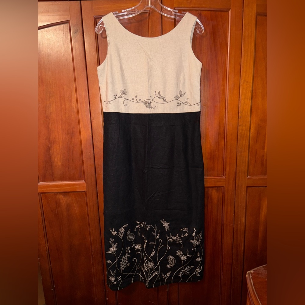 Chic Black‎ and Cream Floral Midi Dress 18↔️46↕️ 10 1/2 slit #1596